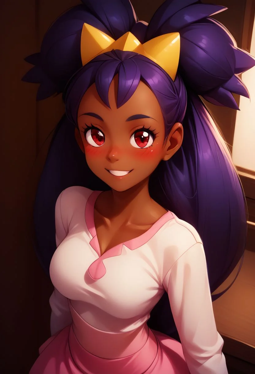 score_9, score_8_up, score_8, 1girl, (large breasts),
pretty girl, vivid colors, indoors,
from above,
BREAK,
iris \(pokemon\), purple hair, long hair, red eyes, dark skin, big hair, hair ornament, white leggings, long sleeves, miniskirt, pink skirt, v, smile, blush, upper body, detailed eyes,