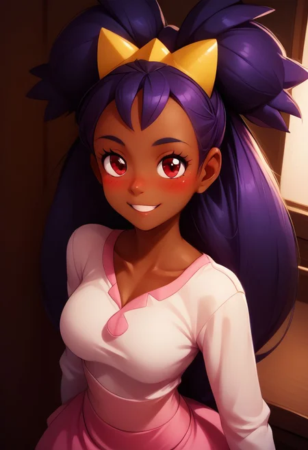score_9, score_8_up, score_8, 1girl, (large breasts),
pretty girl, vivid colors, indoors,
from above,
BREAK,
iris \(pokemon\), purple hair, long hair, red eyes, dark skin, big hair, hair ornament, white leggings, long sleeves, miniskirt, pink skirt, v, smile, blush, upper body, detailed eyes,