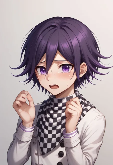 score_9, score_8_up, source_anime, highly detailed, 1boy, solo, skinny, cute, short,
kokichi, male focus, 1boy, solo, checkered clothes, checkered scarf, scarf, purple eyes, bangs, straitjacket, purple hair, upper body, cry, tears, tears stream, exagerated, parody, hands up, open mouth,
indoor,