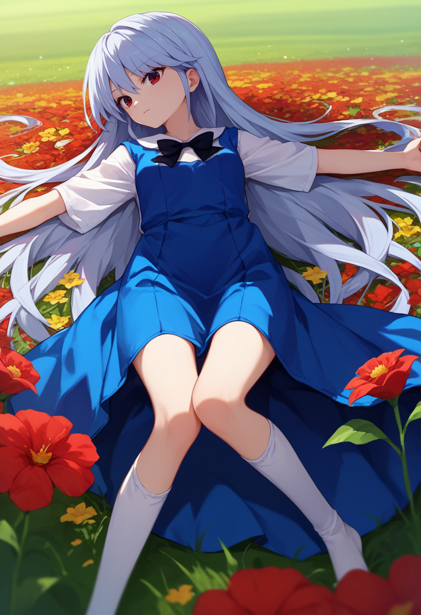 score_9, score_8_up, score_7_up,  1girl,  Kazuki, silver hair, long hair, red eyes, white shirt, blue dress, black bow, white socks, on back, outstretched arms, flower field,   <lora:Kazuki Dora V2-000009:1>