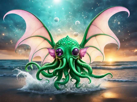 A cinematic photo of a FairyForm Cthulhu rising from the sea in a great sparkle storm <lora:SDXL_Fairy_Form_LoRA:0.8>