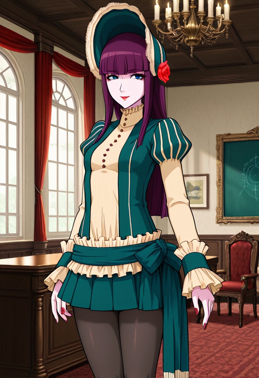 score_9,score_8_up,score_7_up,source_anime,5_figner,2d_animation,game cg,BREKE,1girl,solo,
Loretta Lecarde,purple hair,blunt bangs,hime cut,blue eyes,long hair,red lips.ltfashion,bonnet,pantyhose,red rose,dress,mini skirt,puffy sleeves,button,
small breasts,smile,front view,cowboy short,looking at viewer,nail polish,
red curtain.gothic room,medieval interior,
indoor,window,chandelier,candle,white wall, 
desk,chair,blackboard,window, 
masterpiece,best qualit,ultra-detailed,illustration,an extremely delicate and beautiful,beautiful detailed eyes,unity 8k wallpaper,high resolution,anime CG,official_art,