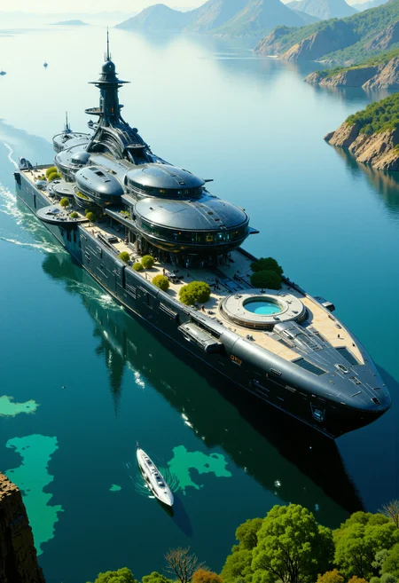 highest details, ultra hyper realism. highly detailed and realistic. intricate and highly professional artwork, an absolute masterpiece.
This is a highly detailed, futuristic CGI image showcasing a sleek, gigantic, high-tech yacht cruising through calm waters. The yacht features a streamlined design with large, curved windows and a glass dome on top, revealing an interior with circular lounge areas, pools and lush greenery. The lighting is soft, natural, and diffused, highlighting the yacht's glossy surface. The background is a scenic coastal landscape with blurred hills and smaller boats, creating a sense of depth. The overall aesthetic quality is very high, with a focus on luxury and advanced design. The camera angle is a high, slightly angled view, emphasizing the yacht's grandeur.
<lora:artilands_v02_epoch_6:1>