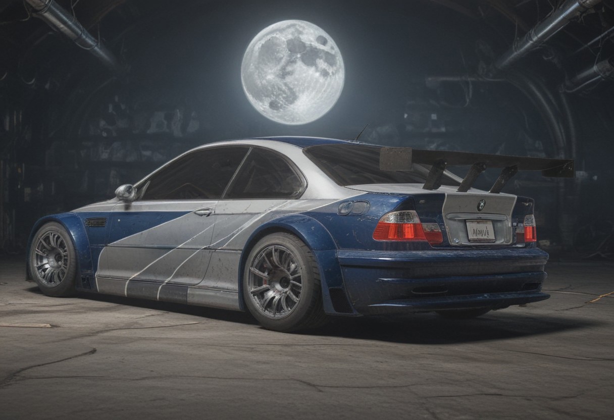 Digital art of a BMW M3 GTR, in the moon, high detail, 4K, industrial design, studio lighting, steampunk, inflatable, transparent, futurisitc, concept car, Cyberpunk, a beautiful painting by (FAMOUS PAINTER), vinyl characters, drawings, assembly drawings, concept art, assembly, octane rendering, fantasy engine, octane rendering,architectural visualization/ architectural rendering, Surealism, 16K, surrealism, high detail –v 5