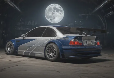 Digital art of a BMW M3 GTR, in the moon, high detail, 4K, industrial design, studio lighting, steampunk, inflatable, transparent, futurisitc, concept car, Cyberpunk, a beautiful painting by (FAMOUS PAINTER), vinyl characters, drawings, assembly drawings, concept art, assembly, octane rendering, fantasy engine, octane rendering,architectural visualization/ architectural rendering, Surealism, 16K, surrealism, high detail –v 5