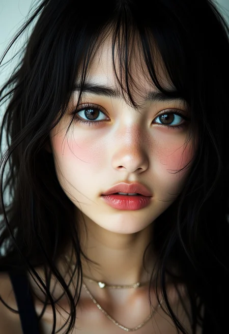 midjourney_whisper_innocent_eyes, closeup portrait of stunningly beautiful Japanese woman, dark eyeshadow, make-up, red lips, long dark hair, earrings, necklaces