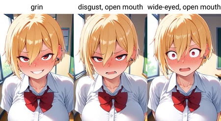 masterpiece, best quality, amazing quality, 1girl, solo, portrait, kikkawaww, red eyes, blonde hair, short hair, hair between eyes, mole under eye, earrings, ear piercing, large breasts, school uniform, red bowtie, white collared shirt, looking at viewer, grin, blush, nose blush, ear blush, full-face blush, indoors, day, skindentation, detailed clothing folds, depth of field, sharp, high contrast, dynamic light <lora:Kikkawa_Sweet_and_Hot_ill_v20:0.9>