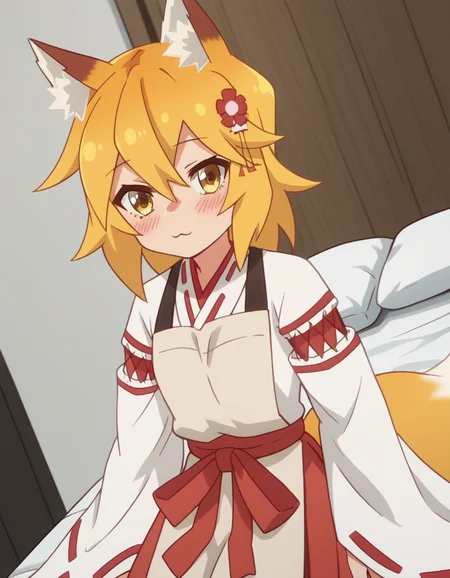 score_9, score_8_up, score_7_up, source_anime,
kitsunesenko, <lora:kitsune-senko-s1-ponyxl-lora-nochekaiser:1>,
senko, bangs, blonde hair, hair ornament, animal ears, hair between eyes, yellow eyes, flower, hair flower, animal ear fluff, fox ears, red flower, fox girl,
long sleeves, tail, japanese clothes, wide sleeves, kimono, apron, ribbon trim, hakama, hakama skirt, ribbon-trimmed sleeves, white kimono, miko, brown apron,
indoors, bed, bed room, on side, blush, drunk,
solo, dutch angle, looking at viewer, cowboy shot,