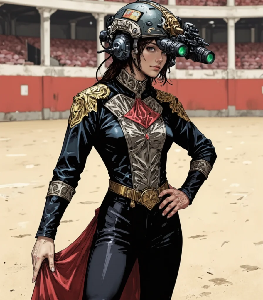 anime art of upper body shot of young woman wearing on head n0ds dual-tube panoramic optical device two cylindrical lenses attached to the front of the helmet with integrated hearing protection , A woman in a traditional Spanish matador outfit, standing in the middle of a bullring. She wears a modern military helmet with a matte black finish, the surface adorned with gold and red accents. The helmet is equipped with two night vision goggles—long black tubes with glowing green lenses—that sit above her eyeline, ready to be flipped down. The helmet’s communication device is seamlessly integrated, with small, discreet wires that blend with the helmet’s design. She stands with one hand on her hip, the other holding a red cape. The bullring is empty, the sand beneath her feet soft and warm. The green glow from the goggles adds a futuristic element to the traditional scene, creating a visual paradox that highlights the merging of ancient and modern worlds., (bio ink:0.5), Colored JJK Manga Style<lora:n0ds_epoch_23.safetensors:1.0:1.0> <lora:BioInk2FLUX.safetensors:0.5:0.5> <lora:Jujutsu_Kasien_Colored_Manga-000001.safetensors:1:1>