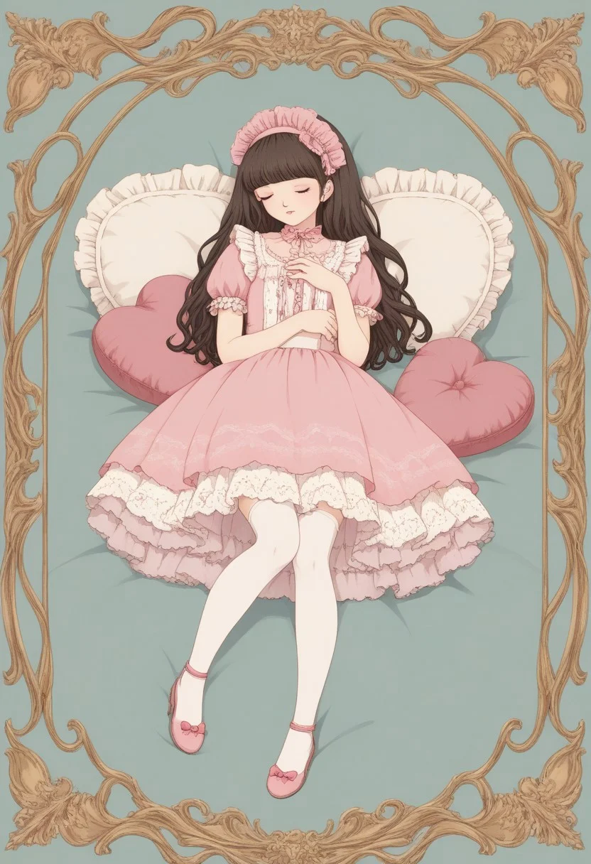 score_9, score_8_up, score_7_up,
masterpiece, best quality, detailed, amazing quality,
detailed background,
detailed face, detailed eyes, pastel colors,
solo, 1girl, dress, stockings, looking to the side, cute, lovely, easynegative, closeup, flat colors, defined lines, full body, laying on bed, surrounded by pillows, closed eyes