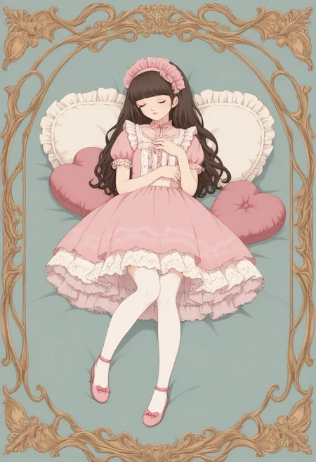 score_9, score_8_up, score_7_up,
masterpiece, best quality, detailed, amazing quality,
detailed background,
detailed face, detailed eyes, pastel colors,
solo, 1girl, dress, stockings, looking to the side, cute, lovely, easynegative, closeup, flat colors, defined lines, full body, laying on bed, surrounded by pillows, closed eyes