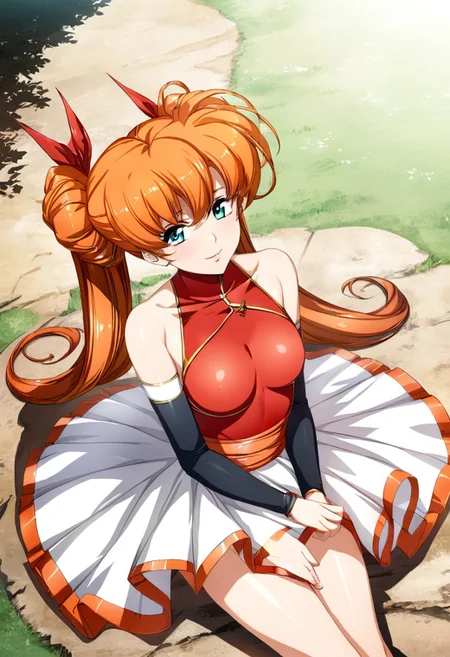 masterpiece,best quality,very aesthetic,absurdres,fantasy,solo,1girl,
<lora:tiaris_v1:1>,tiaris,t_clothes,wand,shiny hair,aqua eyes,red leotard,orange hair,detached sleeves,white mini skirt,white footwear,<lora:Fixhands_anime_bdsqlsz_V1:1>
 ,,looking_at_viewer,dynamic_angle,kind_smile,sitting_on_rock,lawn,flower,large tree,shadow,head_tilt,from_above,pov, (((feminine bodies))),(((perfect anatomy))), (((correct arms))), (((correct hands)))
,masterpiece,best quality, very aesthetic, absurdres, ultra detailed, high resolution, 4k, extremely detailed CG,