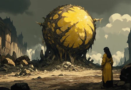 A hauntingly beautiful dark sci-fi scene featuring a vast, barren landscape with a colossal, organic, yellow spherical object. A sphere made up of intertwined and fused egg spheres, intertwined veins and layered flesh reveals a structure of fused mutated spheres and intertwined veins and sinews. A woman in a yellow biohazard suit stands on rocky terrain, staring at the mysterious sphere. An overcast sky hangs over her, creating an eerie atmosphere on the desert landscape. In the distance, man-made structures can be seen on the horizon, hinting at a wider world, sci-fi and high tech. This striking image evokes a sense of wonder and curiosity, inviting viewers to explore the mysterious world that lies within, cinematic, painting, pixel art, architecture, dark fantasy, vibrant (dynamic, energetic, dramatic lighting, shallow depth of field.)