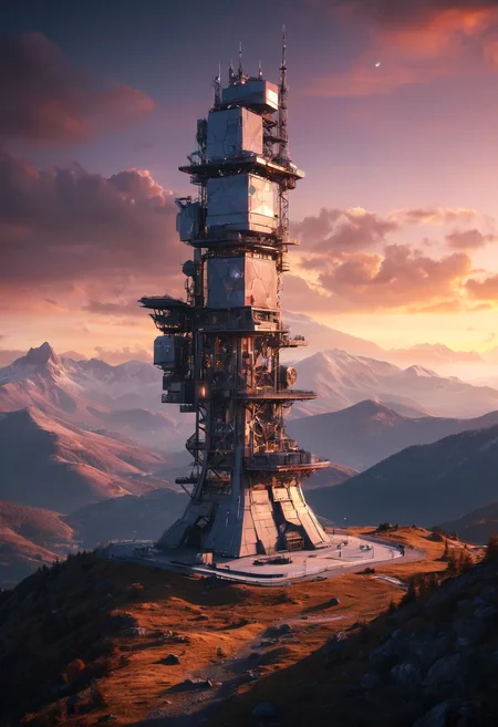 technological communication tower in the mountains, industrial assembly, quantum processes, cubic design, rectangular shapes, sunset, science fiction