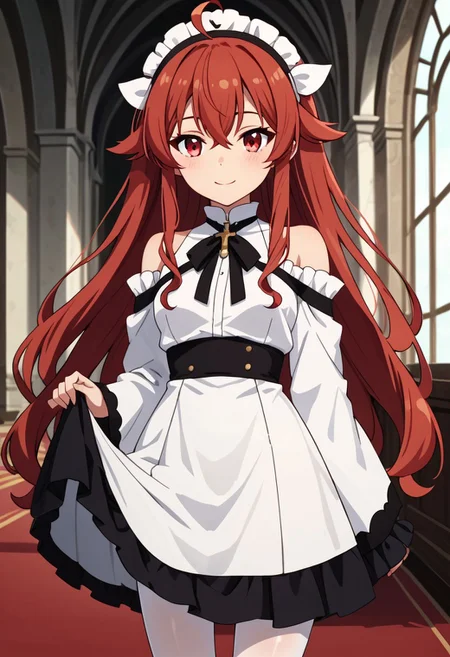 score_9, score_8_up, score_7_up,Eris_Greyrat, red_eyes, red_hair, ahoge, hair_between_eyes, hair_flaps, small_breasts, bare_shoulders, black_hairband, black_bow, white_shirt, white_dress, wide_sleeves, brown_skirt, white_pantyhose,indoors, castle, windy,strong winds, shirt tug,slight smile, anime screencap