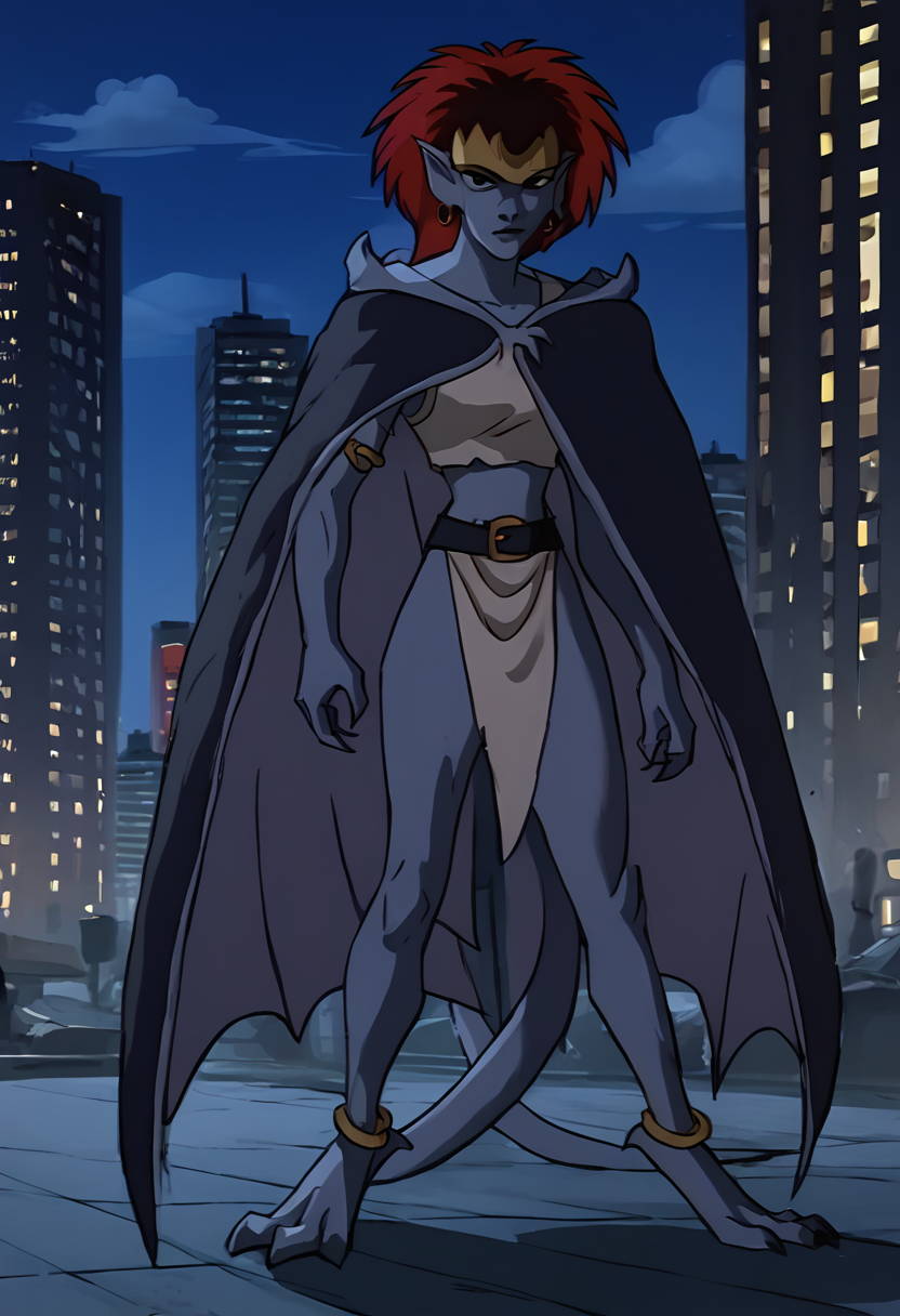<lora:DemonaPony1.0:1.0>demona, solo, 1girl, red hair, hoop earrings,armlet,black eyes,cloak,anklet, pointy ears, tank top, short hair, tail, score_9, score_8_up, score_7_up, score_6_up, score_5_up, score_4_up, looking at viewer,full body, city, cityscape, night, night sky,