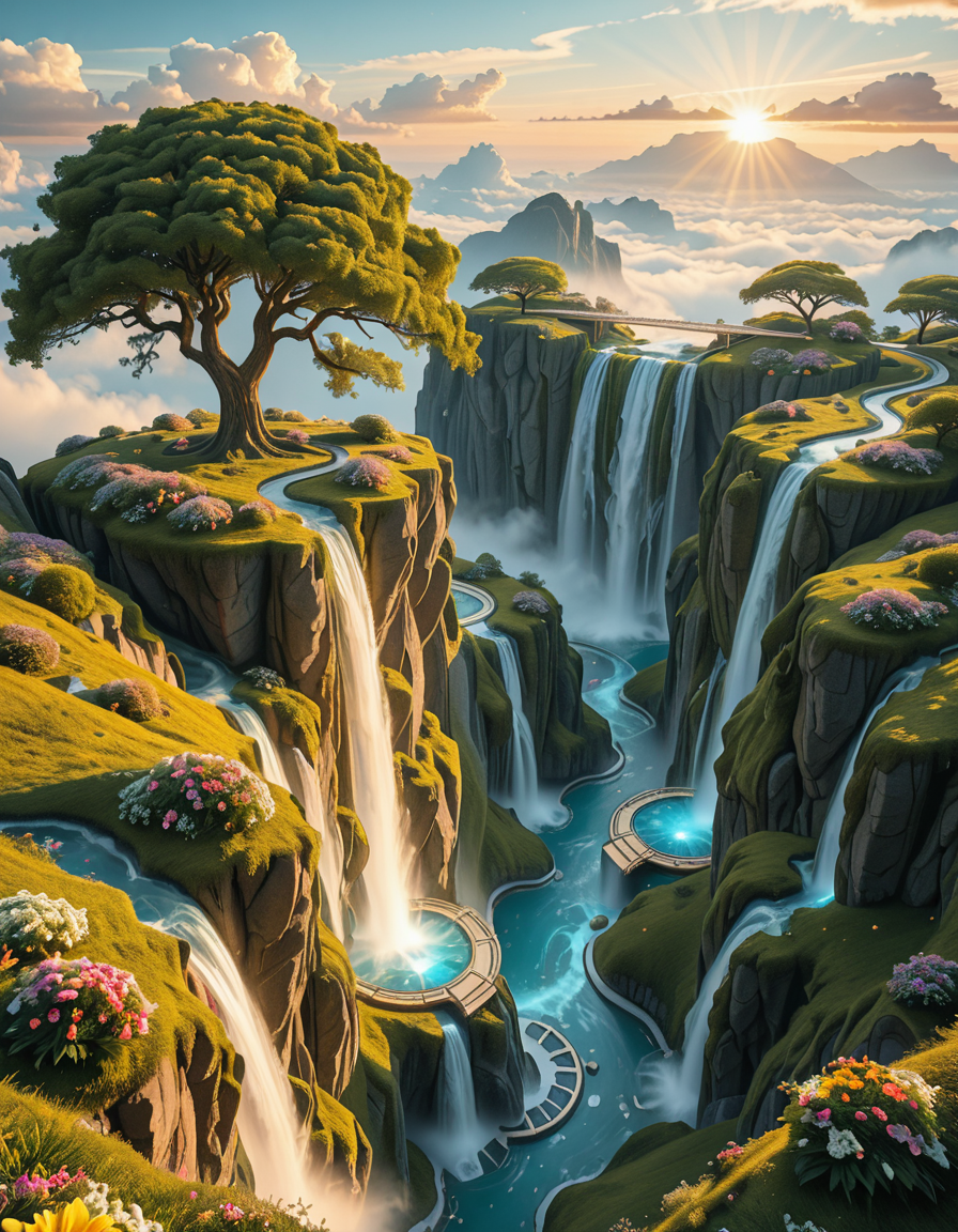 A mesmerizing celestial background featuring an otherworldly paradise. Towering crystalline mountains with peaks that glow softly under a sky painted in shifting hues of iridescent blues, pinks, and golds. Rivers of liquid light flow through vast, open meadows filled with luminescent flowers that pulse with a gentle glow. Gigantic, translucent trees with silver leaves sway in a breeze that carries floating particles of golden dust. Suspended bridges made of shimmering energy connect ancient, floating monoliths engraved with intricate celestial patterns. In the distance, an enormous radiant waterfall cascades into a bottomless, mist-covered abyss, reflecting the surrounding ethereal glow. A tranquil atmosphere, untouched and divine, filled with an overwhelming sense of wonder and serenity.
<lora:SDXLFaeTastic2400:0.4> <lora:extremely_detailed:0.4> extremely detailed,heavenly l4ndsc4p3, <lora:heavenly_l4ndsc4p3-i:1>, Masterpiece,best quality,hi res,8k,hi res,8k,award winning,(sharp focus, intricate, highly detailed),