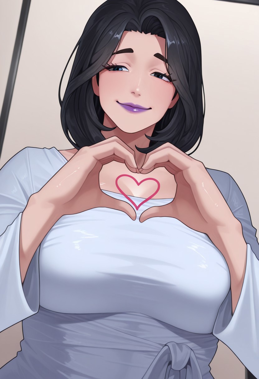 , 1girl, solo, medium build, medium hair, sfw, safe for work, covered skin, flowy dress,  black eyes, purple lipgloss, smiling, portrait, upper body, heart hands, mature female, foreshortening, detailed, newest, shiny skin, cowboy angle, solo focus, medium breasts, arapanchi