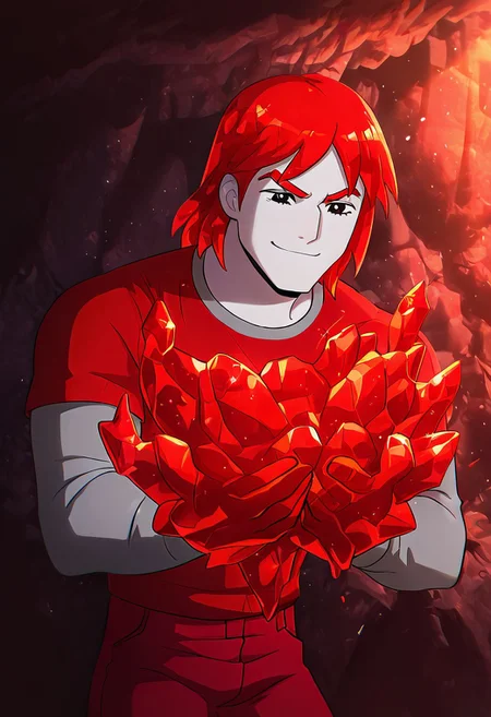 masterpiece, best quality, amazing quality, very aesthetic, absurdres, newest,
 kevaf, black eyes, black pupils, white sclera,  1boy, solo,  eyebrows, 
red hair, red shiny shirt, red shiny layered sleeves, short over long sleeves, thick eyebrows, red jeans, red shiny skin, red skin, red crystal spikes, inside cave, shiny crystals, detailed background
angry, smile, red crystal powers hands, petrification, crystal hair, shiny hair, colored eyelashes, crack