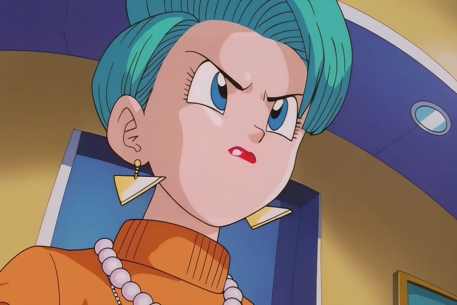 source_anime, score_9, score_8_up, score_7_up, anime screencap,8k, absurd res,
bulma, 1girl, solo, blue eyes, aqua hair, earrings, makeup, lipstick, pearl necklace, anime coloring, looking at another, from below, official style, indoors, orange sweater, turtleneck sweater, v-shaped eyebrows, eyelashes
<lora:bulmaGT_pony_v1:0.8>