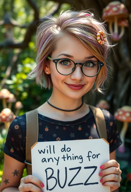 Photograph, best quality, 28 year old woman, mckenna grace, trendy outfit, short intricate hair, (rainbow colored hair:1.5), round glasses, cute face, green eyes, candy hairpin, freckles, clever smile, shy, dappled sunlight, fantasy crystal castle mushroom forest background, holding a sign that says "Will do anything for BUZZ"
