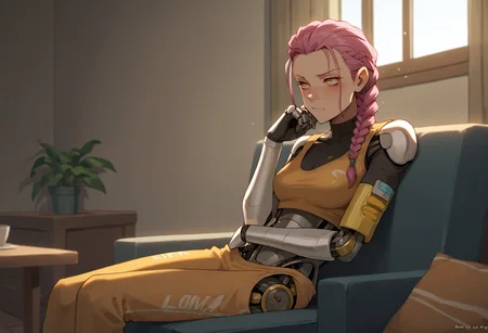score_9, score_8_up, score_7_up, score_6_up, score_5_up, score_4_up, mechanical torso, prosthetic arm, mature female, mechanical body, prosthetic limbs, skinny, tall slim robot, pink and yellow straps, braided hair, pink hair, braided ponytail, futuristic apartment, science fiction, bored, bored expression, folded, indoors, 
 <lora:ArmorPunkV3-000002:1>, arm0rpunk