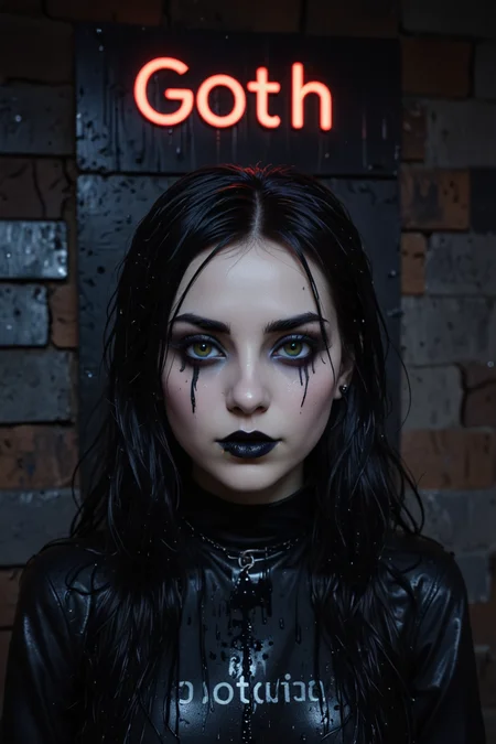 <lora:Flux-style-xl-lora:0.3> flux-style, (black neon sign on the wall saying ""Goth"":1.5), A detailed analog photograph of a Goth woman, standing in a dark alley at night, raining, wet hair, streaked black mascara under eyes