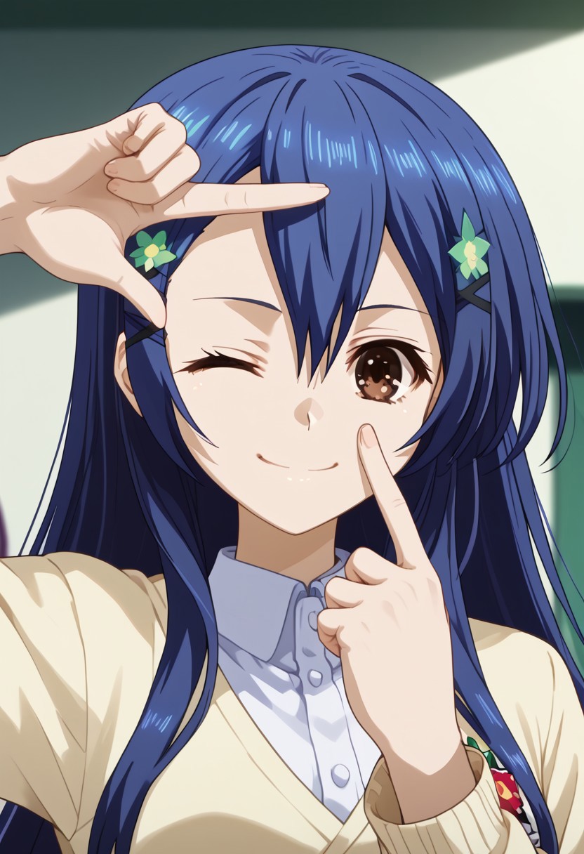 masterpiece, best quality, absurdres, safe 1girl, finger frame, one eye closed, smile, FingerFrame, finger frame, (one eye closed:0.7), Expressiveh, shiori itsuka, long hair, hair ornament, brown eyes, blue hair, hairclip, otoko no ko,