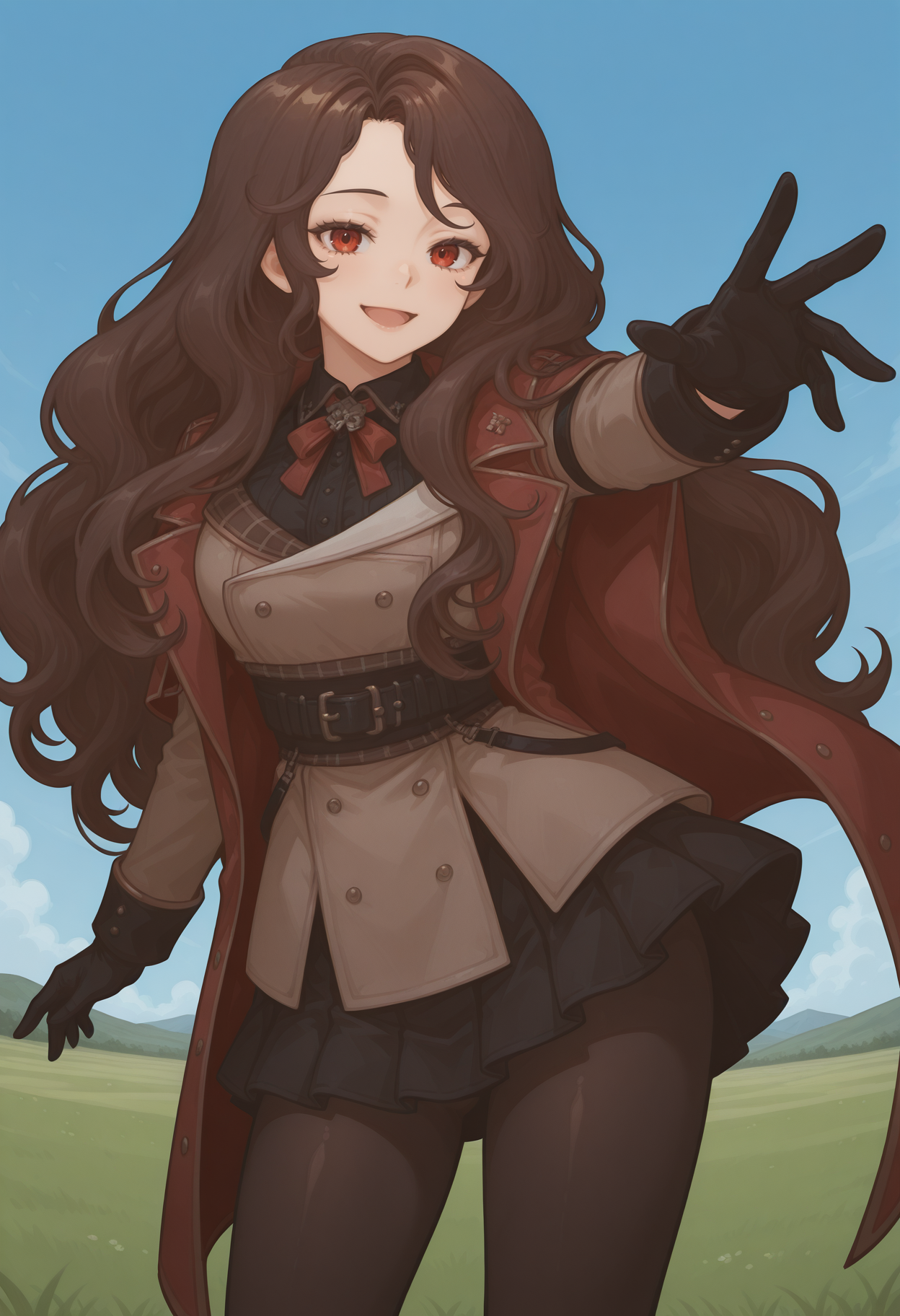 pandoria_redfins, red eyes, brown hair, long hair, wavy hair, black gloves, jacket, coat, black shirt, black skirt, pleated skirt, pantyhose, <lora:Pandoria_Redfins_illustrious_ver1:0.8> 
smile, open mouth, cowboy shot,, masterpiece, best quality, sensitive,, 1girl, solo, blue sky, (grasslands:1.2), looking at viewer,, (dynamic pose:1.4), (upside-down:-1),