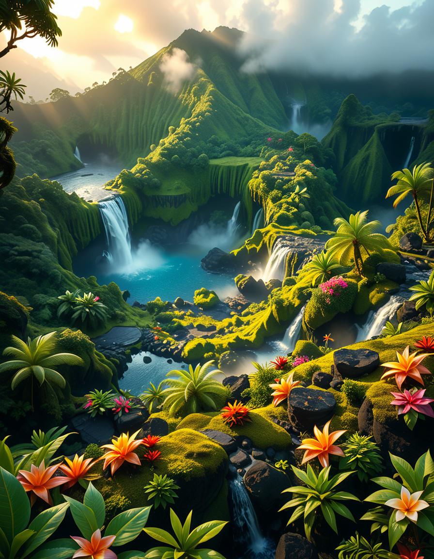 A breathtaking view of an ancient, dormant volcano now transformed into a lush, vibrant natural sanctuary. The crater is filled with dense tropical forests, colorful exotic flowers, cascading waterfalls, and mist swirling gently in the morning light. Vines and moss cover the dark volcanic rocks, and small streams wind down the slopes. while rays of sunlight pierce through the dense canopy, creating sparkling reflections on the water. The atmosphere feels peaceful, enchanted, and untouched by humans. The scene is depicted in an ultra-detailed, hyper-realistic style, with warm, soft lighting and rich, saturated colors that enhance the magical and serene mood of the landscape.
<lora:SDXLFaeTastic2400:0.4> <lora:extremely_detailed:0.4> extremely detailed, <lora:dormant_v0lc4n0:1>,dormant v0lc4n0, Masterpiece,best quality,hi res,8k,hi res,8k,award winning,(sharp focus, intricate, highly detailed),