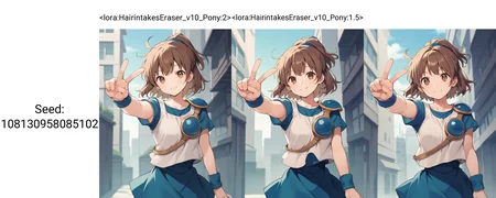 <lora:Puyoarle_SDXL_pony_fp16_ver05:1>,arleP123, 1girl,brown hair,bangs,short hair,hair updo, brown eyes,blue skirt, blue wristband,short sleeve,light smile,cowboy shot,v,<lora:HairintakesEraser_v10_Pony:2>,cityscape,, score_9, score_8_up, score_7_up, BREAK source_anime, rating_questionable, best quality, masterpiece, uncensored,[pony diffusion V6 is trained by PurpleSmartAI:100]