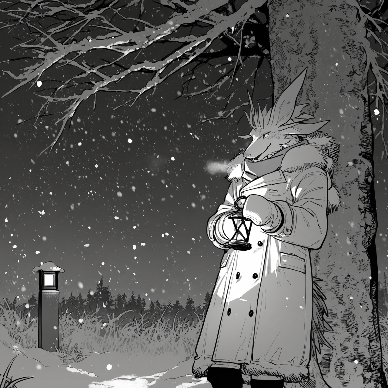 snow,snowing,outdoors,tree,scarf,holding,coat,lantern,1boy,winter clothes,standing,winter,male focus,solo,night,holding lantern,breath,coat,long sleeves,mittens,winter coat,fur trim,coat,<lora:MIZUTSUNE-ILL-ADAM-V3-000018>,mizu,(dragon boy:0.9),solo,(1boy:1.3),furry,grass,tree,thigh boots,
masterpiece,best quality,amazing quality,very aesthetic,highres,absurdres,<lora:ftstyle-noob05-v2>,ftstyle,monochrome,greyscale,