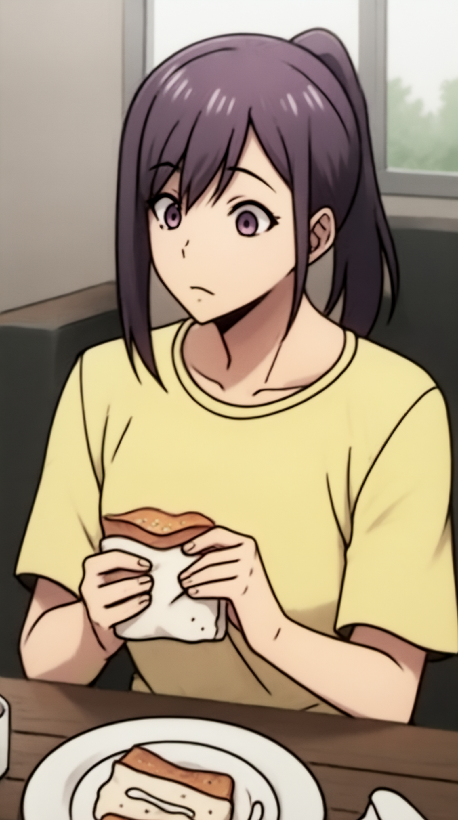 score_9, score_8_up, score_7_up, best background, detailed background, 4k, upscale, anime_source  Sung Jin-ah, solo, shirt, holding, upper body, short sleeves, food, indoors, eating, t-shirt, plate, yellow shirt, bread  <lora:JN_Sung_Jinah_Pony:0.8>