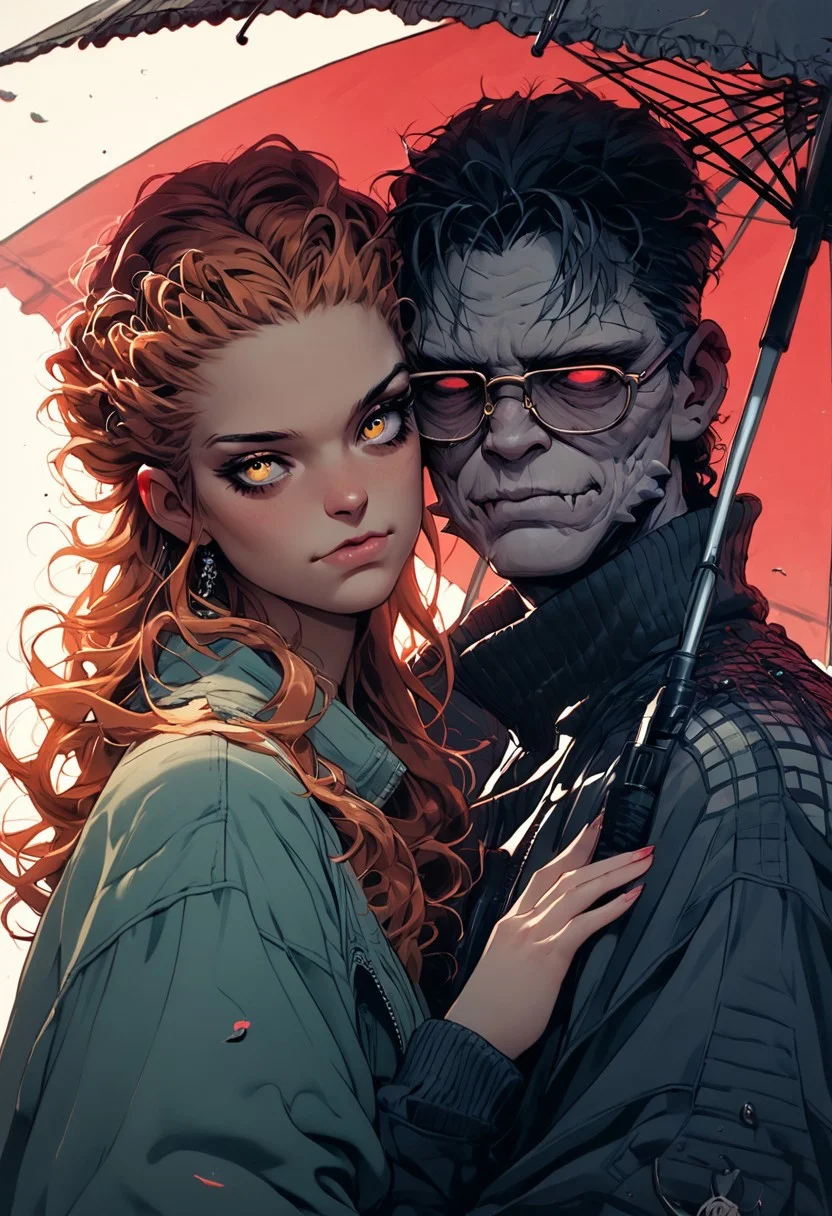 score_9, score_8_up, score_7_up, source_image_comics, embrace, small fat crocodile, scarlet eyes, straight jacket, big glasses, umbrella, rose dust ribbon,sinozick, She has long, flowing hair that is styled in a way that cascades down her back. The hair is made up of intricate patterns and swirls, creating a sense of movement and energy. The background is black, making the woman's features stand out even more. The overall mood of the image is peaceful and serene.