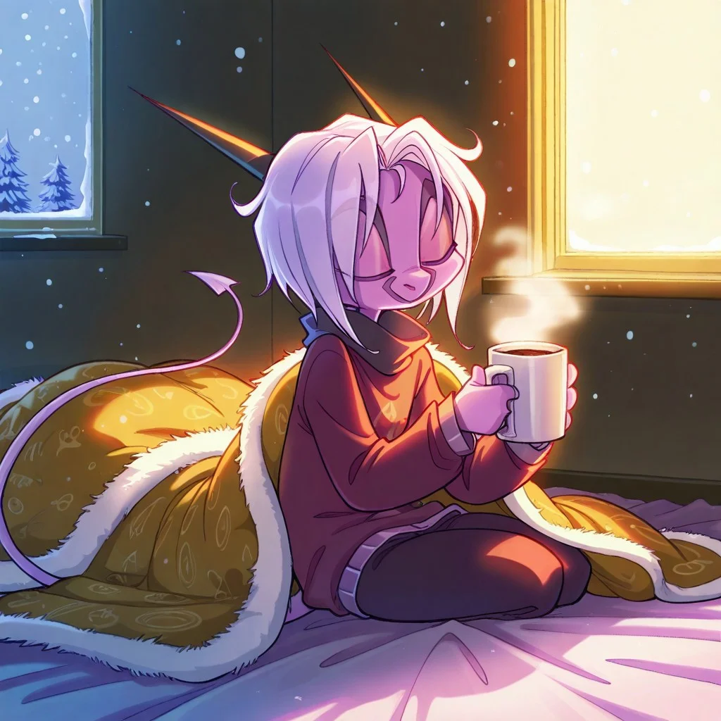 score_9, score_8_up, score_7_up,namah_calah,
1girl,solo,furry,tail, source_furry,horns,masterpiece,
,<lora:namah_calah_illustrious:0.8>,
kid, child,
indoors, winter, warm_clothing, fluffy_blanket, hot_chocolate, sweater, cozy, soft_smile, holding_mug, warm_lighting, relaxed_pose, snow_visible_through_window, peaceful_expression, detailed_background, soft_focus, heartwarming