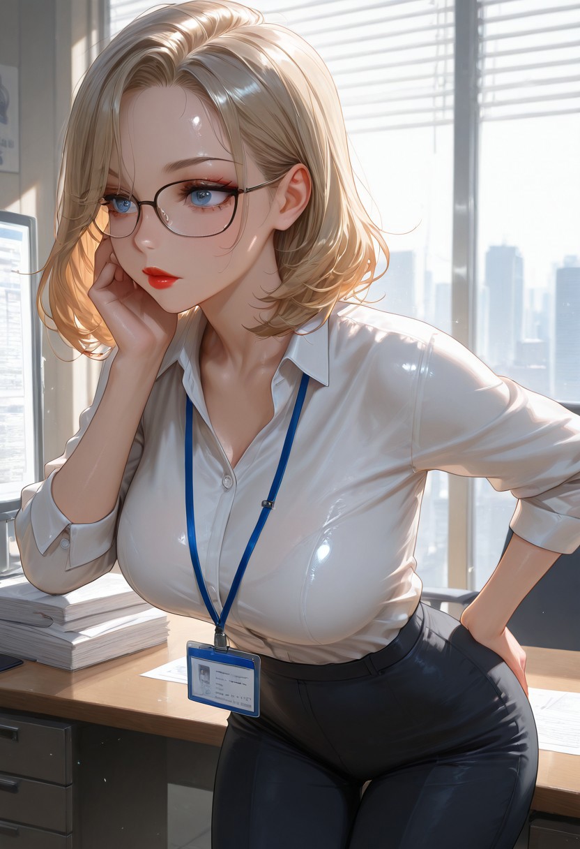 (masterpiece), (best quality), (ultra-detailed), amazing quality, very aesthetic, perfect composition, intricate details, illustration, absurdres, incredibly absurdres, shiny skin, realistic, volumetric lighting,
1girl, perfect face, soft facial features, detailed beautiful eyes, perfect anatomy, large breasts, luscious hair, eyelashes, tight clothing, athletic woman, perfect hands, juicy red lips, (slim),
25 year old Israeli secretary,
medium length hair, dirty blonde hair, blue eyes, office lady outfit, nerdy, glasses,
solo, (office:1.17),