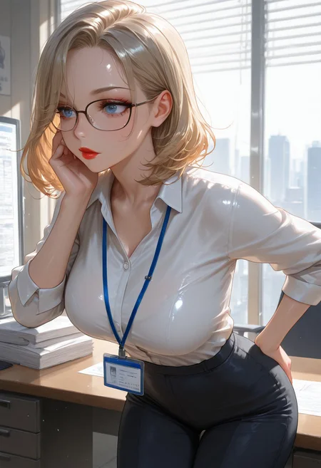 (masterpiece), (best quality), (ultra-detailed), amazing quality, very aesthetic, perfect composition, intricate details, illustration, absurdres, incredibly absurdres, shiny skin, realistic, volumetric lighting,
1girl, perfect face, soft facial features, detailed beautiful eyes, perfect anatomy, large breasts, luscious hair, eyelashes, tight clothing, athletic woman, perfect hands, juicy red lips, (slim),
25 year old Israeli secretary,
medium length hair, dirty blonde hair, blue eyes, office lady outfit, nerdy, glasses,
solo, (office:1.17),