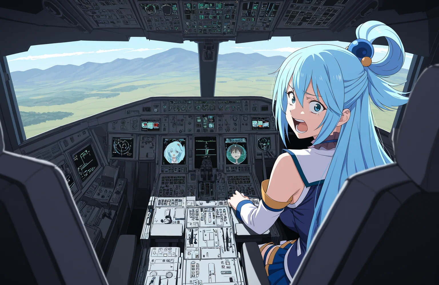 anime coloring,
<lora:[Concept - IL] A380 Cockpit (R2E10):0.7> a380cockpit,
1boy, 1girl, screaming, !!, panic, scared, crying, angry, 
satou kazuma, aqua \(konosuba\) ,
looking back, looking at viewer, facing away,
navigation display,
overhead panel,
thrust lever,
sitting, seat,
pilot uniform, headset,
indoors,
dutch angle,
from behind,
speed lines, from above, mountain,
best quality, masterpiece,