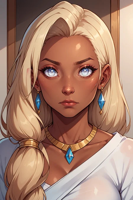 comistylepdxl, 1girl, solo, dark skin, long hair, dark-skinned female, jewelry, earrings, blonde hair, white eyes, looking at viewer, closed mouth, PnyCmicXLPOS, <lora:ComicsV3PDXL:1>