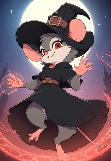 score_9, score_8_up, score_8, solo, (fluffy:0.8), (feral), furry, (((mouse))), female, claws, (fluffy cheeks:0.7), (black dress), grey fur, black ears, red eyes, look at viewer, (solo:2), j_cartoon, low angle view, aesthetic, dramatic angle, unique perspective, unique angle, night, dark, stars, (witch hat), (magic spell)