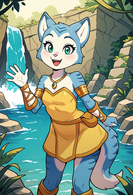 masterpiece, best quality, 1girl, solo, eyelashes, (beautiful eyes), smile, zzKrystalDino, green eyes, furry female, blue fur, blue hair, animal ears, body fur, two-tone fur, white fur, necklace, strapless dress, bare shoulders, tail, knee boots, deep jungle, stone ruins, exploring, wave, looking at viewer, (waving), :D, cowboy shot, <lora:KrystalDinosaurPlanet_IXL:1.0>,