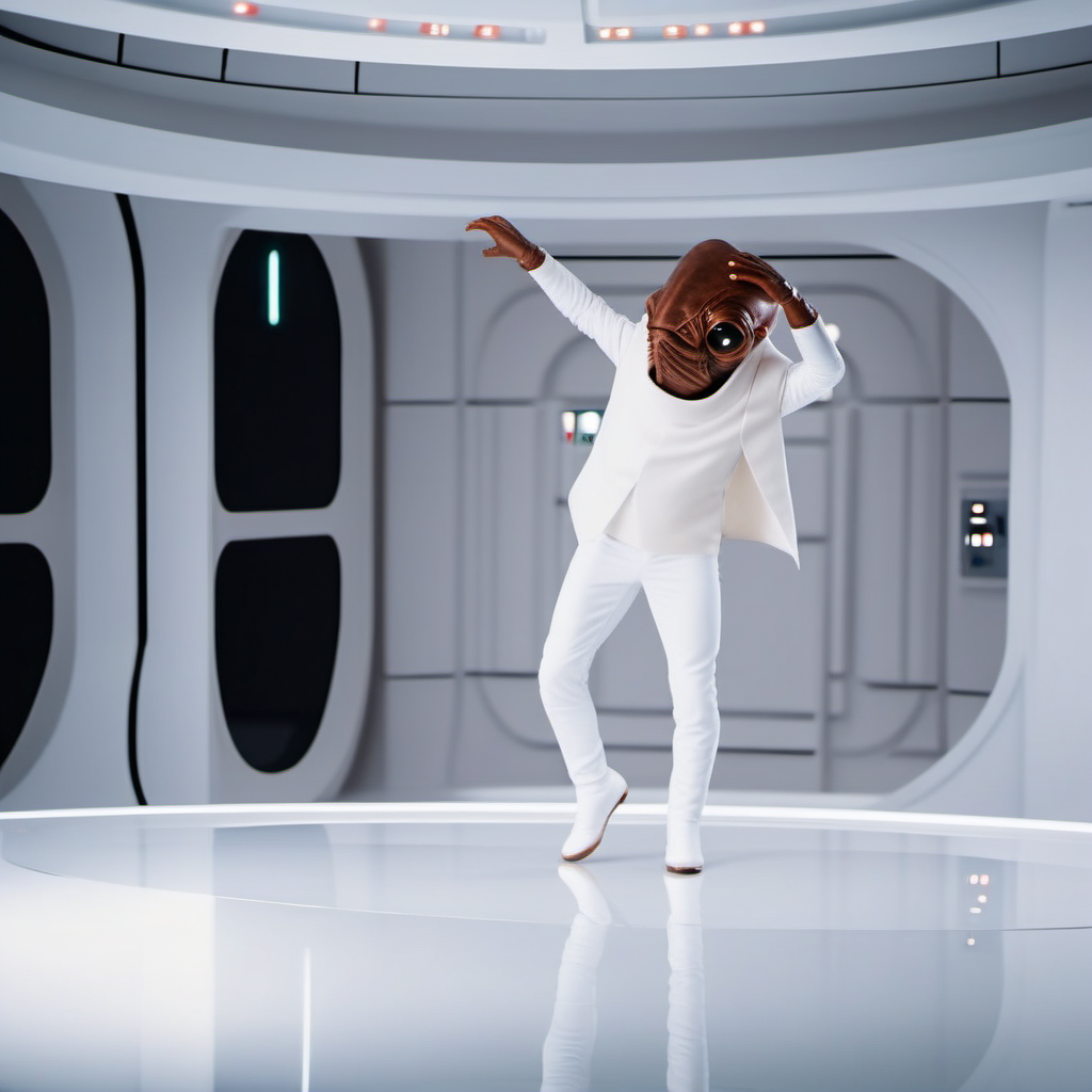 cinematic photo a full body  brown skin alien with a strange looking face, star wars, white suit, 
dab poses, spaceship <lora:AmiralAckbar1024:0.9> . 35mm photograph, film, bokeh, professional, 4k, highly detailed
