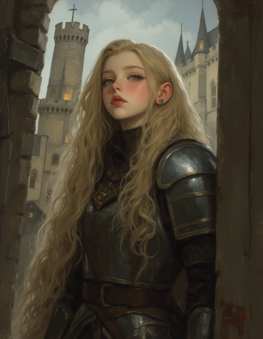 masterpiece, high quality, Oil Painting, Hyper-realistic, hyper-detailed picture of a petite young 12 year old female Paladin a proud look on her face. The she has porcelain white skin, long flowing blond hair, and bright emerald green eyes. The she is wearing plain 1500s full plate mail armor that shows signs of wear and use. The she is standing inside the front gate of a castle the towers of which can seen behind her. The painting shows shadow and light, Masterpiece, intricate lines, intriguing atmosphere, sharp magnificent details, delicate features, elaborate details, (2\3 rule composition:0.5), ultra detailed, romantic, Rembrandt lighting, brush stroke, lovely, painted by John Singer Sargent, Rembrandt lighting, brush stroke, focus on the girl, novuschroma, vantablack, niji_flux <lora:- Flux1 - vanta_black_V2.0:.8> <lora:113_novuschromaFLX_1:.4>  <lora:MoriiMee_Gothic_Niji_Style__FLUX_LoRA_Test_2:1> <lora:neeeg_f1:-1>
