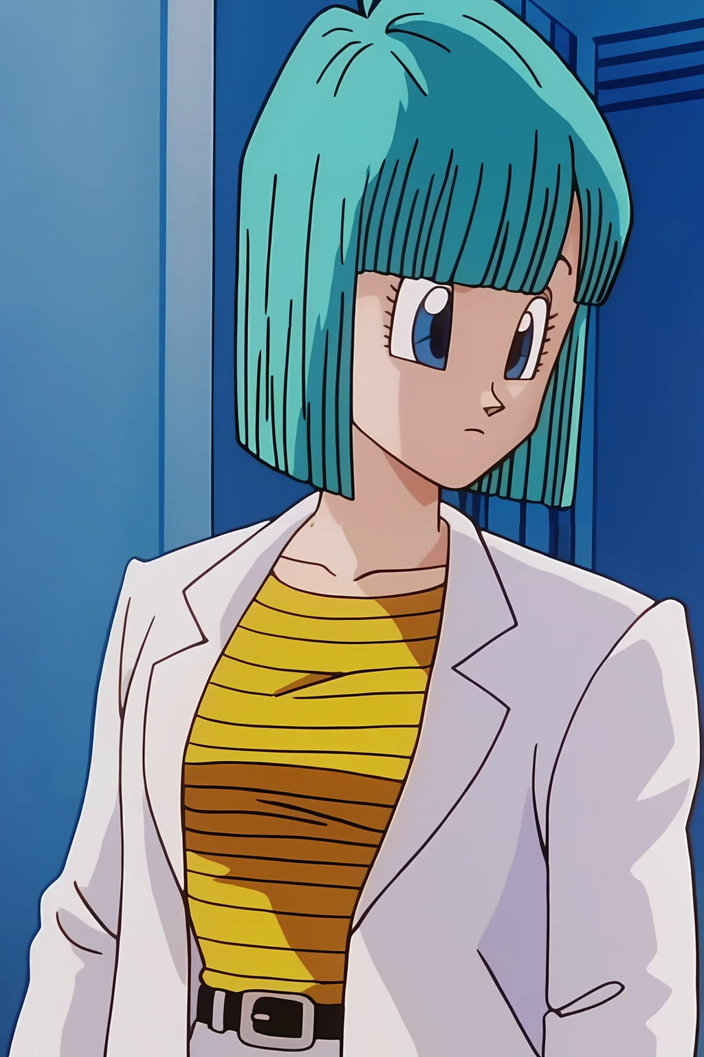 source_anime, score_9, score_8_up, score_7_up, anime screencap, high quality, 8k, absurdres, official style,
bulma, android saga, short hair, aqua hair, bangs, blue eyes, bob cut
striped shirt, yellow shirt, labcoat,
laboratory, indoors, blue theme, caustics, upper body,
<lora:bulmaDBZ_pony_v2:0.8>