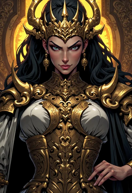 masterpiece, high-quality, A dramatic close-up of a regal female queen, her intense sharp gaze framed by an angular crown, Bold line art enhances the intricate details of her ceremonial robe, while faint glowing accents outline the edges, set against a surreal throne room, glowing accents, regal details, bold contrasts, angular elegance, (elaborate fine details:1.1), (hyperdetailed:1.1), (intricate details:1.0), (Refined details:1.1), (best quality:1.1), (high resolution:1.2),,