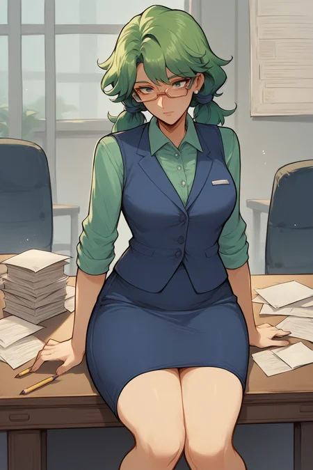 source_anime, score_9, score_8_up, solo, 1girl, <lora:NSCarolineStardew:1> NSCarolineStardew, green hair, low twintails, mature, tight clothes, dark blue skirt, pencil skirt, dark blue vest, glasses, collared skirt, table, sitting, papers, office