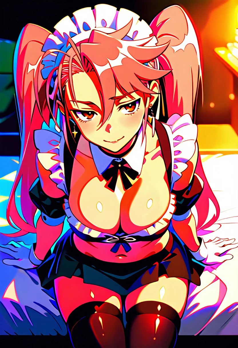 LOVELYWAIFU_ST, NTLANM_STL, detailed background,
takagi saya, pink hair, long hair, twintails, hair between eyes, blue eyes, navel, triangle earring, black choker, black tie, maid headdress, maid outfit, black thighhighs, white gloves, black miniskirt, maid sleeves, detached sleeves,
soft smile, closed mouth, half-closed eyes,
scenery, on bed, from above, face focus,
(EyesHD:1.2), masterpiece, best quality, ultra-detailed, very aesthetic, sharp focus, depth of field, vibrant colors, ray tracing, best lighting, detailed illustration, detailed background, cinematic, beautiful face, beautiful eyes