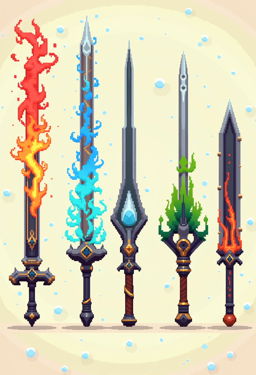 high quality, highly detailed, colorful, abstract, fantasy, fantasy background, The image is a realistic photo of six different types of weapons. The weapons are arranged in a row, with each weapon having a unique design.   The first weapon on the left is a long, pointed sword with a red and orange flame-like design on the top left corner. The flame is swirling around the sword, creating a sense of movement and energy. The sword has a pointed tip and a pointed end. The handle of the sword is decorated with intricate patterns and designs. The second weapon in the middle is a tall, slender sword with blue and yellow flames on the handle. The third weapon is a sword with green leaves on the right side. The fourth weapon is in the center of the image, with a blue and green flame design on it. The fifth weapon is on the bottom left corner, with an orange and black design. The sixth weapon is at the bottom right corner, and the seventh weapon is to the right. The background is a light beige color, and there are small blue spheres scattered throughout the image., ArsMJStyle, Pixel Art<lora:FLUX\Enhancer\MysticFantasy.safetensors:0.8:0.8> <lora:FLUX\Enhancer\flux_vividizer.safetensors:0.8:0.8> <lora:FLUX\Style\PixelArtStylesFlux.safetensors:0.6:0.6>
