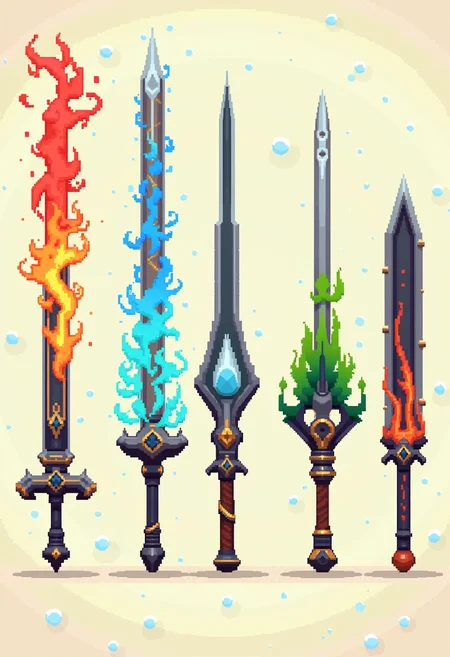 high quality, highly detailed, colorful, abstract, fantasy, fantasy background, The image is a realistic photo of six different types of weapons. The weapons are arranged in a row, with each weapon having a unique design. The first weapon on the left is a long, pointed sword with a red and orange flame-like design on the top left corner. The flame is swirling around the sword, creating a sense of movement and energy. The sword has a pointed tip and a pointed end. The handle of the sword is decorated with intricate patterns and designs. The second weapon in the middle is a tall, slender sword with blue and yellow flames on the handle. The third weapon is a sword with green leaves on the right side. The fourth weapon is in the center of the image, with a blue and green flame design on it. The fifth weapon is on the bottom left corner, with an orange and black design. The sixth weapon is at the bottom right corner, and the seventh weapon is to the right. The background is a light beige color, and there are small blue spheres scattered throughout the image., ArsMJStyle, Pixel Art<lora:FLUX\Enhancer\MysticFantasy.safetensors:0.8:0.8> <lora:FLUX\Enhancer\flux_vividizer.safetensors:0.8:0.8> <lora:FLUX\Style\PixelArtStylesFlux.safetensors:0.6:0.6>