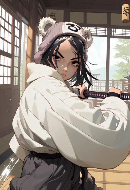 score_9, score_8_up, score_7_up, hyper detailed face, score_6, score_5, anime, perfect face, perfect anatomy, perfect hands, 1boy, (white kimono, dojo, indoors, holding_katana, dynamic pose, combat pose, fight pose), solo, kid, child, medium length hair, messy hair, spiky hair, black hair, black eyes, serious, tired eyes, (((light grey beanie, animal hat))), clothed, forehead, looking at viewer, character design